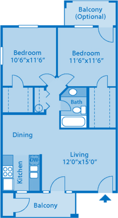 Floor plan for 2 beds, 1 bath, 800 sqft